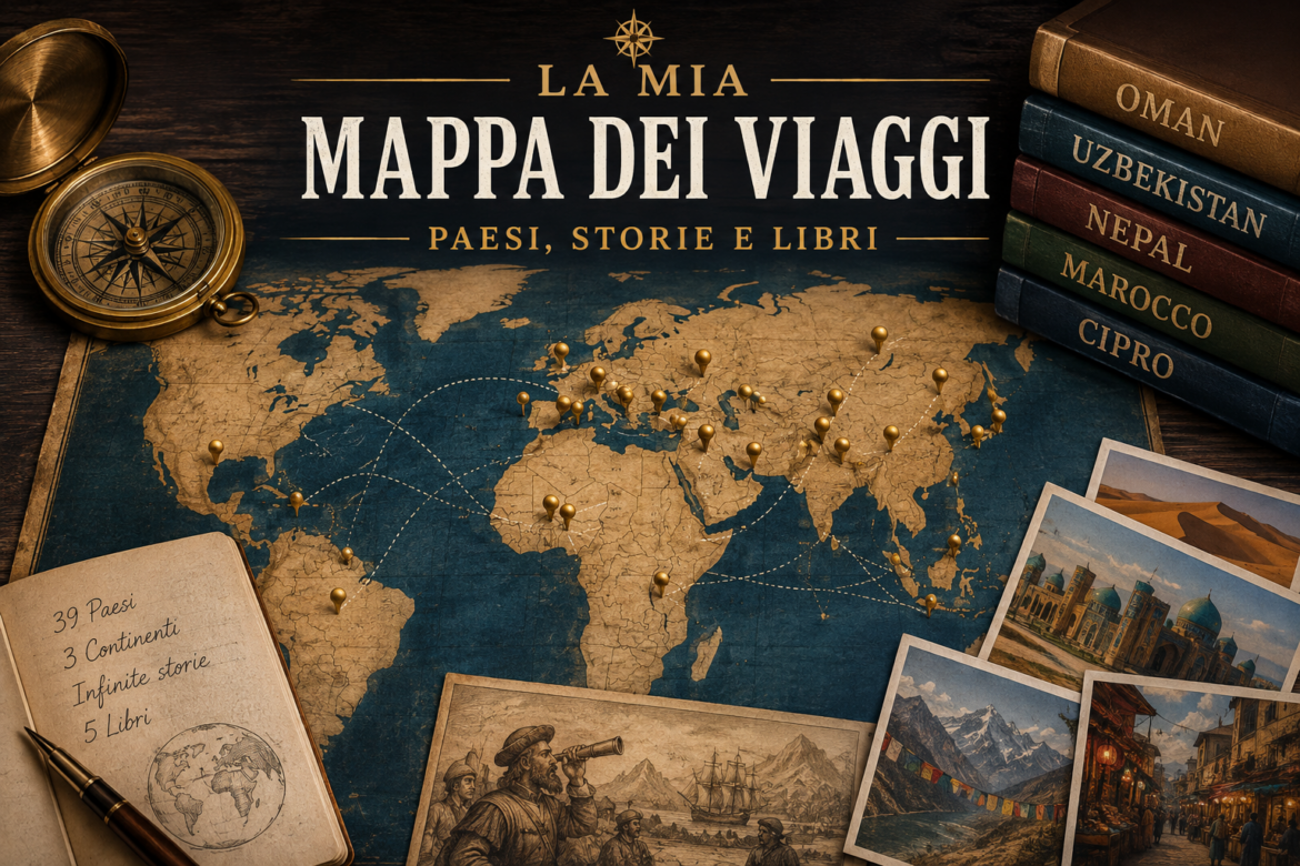 Mappa del mondo con rotte di viaggio, bussola e libri di viaggio di Viaggiamocela